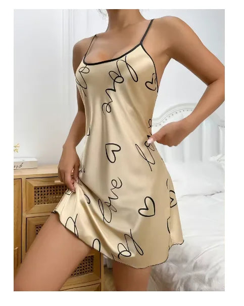 Sleepwear Women's Sexy Lingerie Heart Print Nightdress Scoop Neck Criss Cross Back Sleepdress Nightgowns Pajamas Nighties