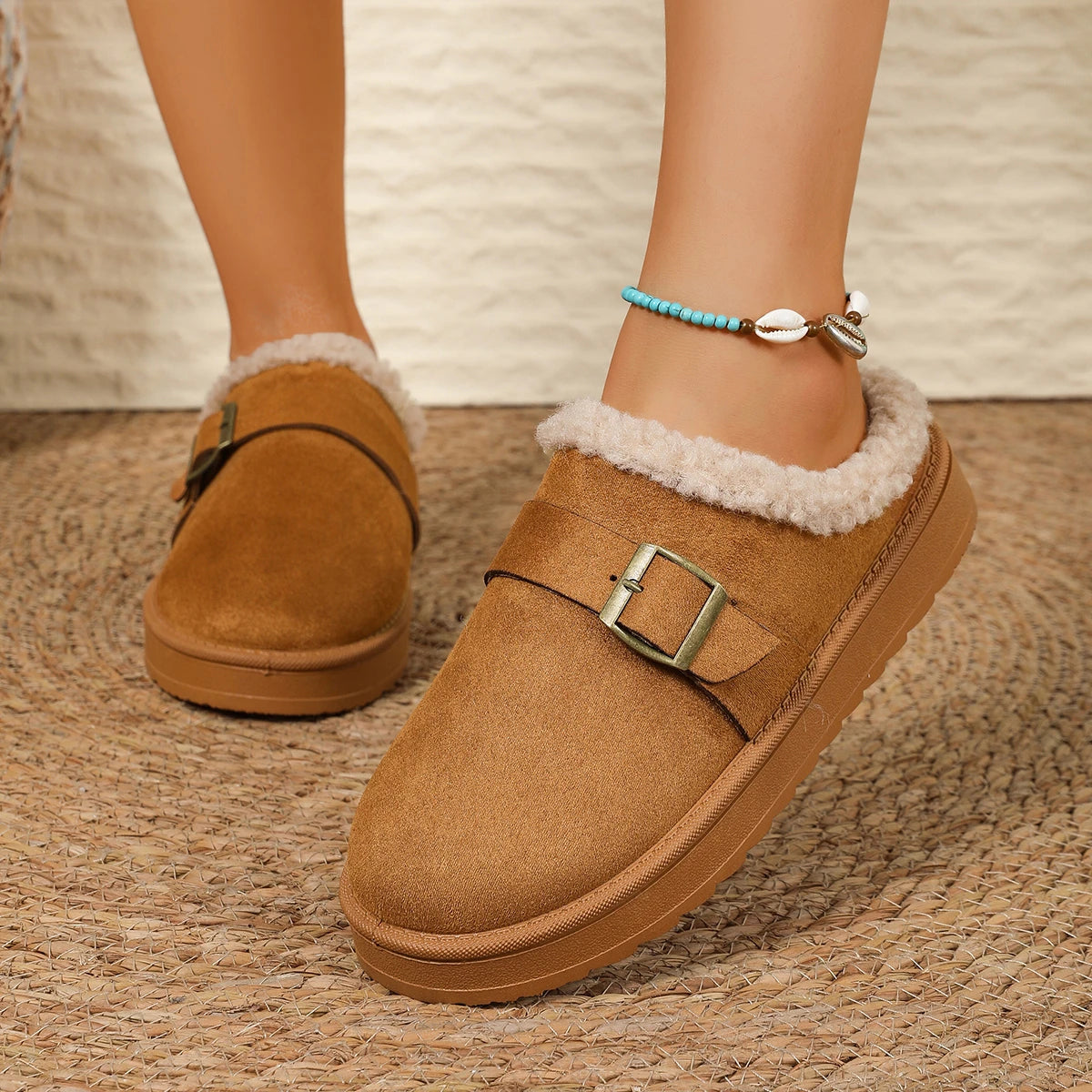 Snow Boots for Women 2025 Winter New Cashmere Warm Thick Soles Without Heel-covered Hair Half Slipper Cotton Shoes for Women