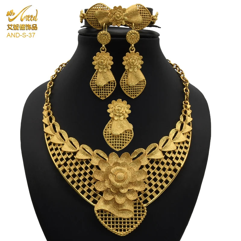ANIID African Jewelery Sets Flower Earrings Choker Necklace Bracelet Hawaiian Indian Dubai Golden Jewelry For Women Accessories