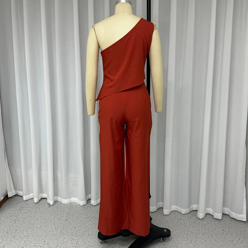Wefads Women Two Piece Set Casual Simple Solid One Shoulder Office Sleeveless Slim Top With Pocket Pants Set High Streetwear