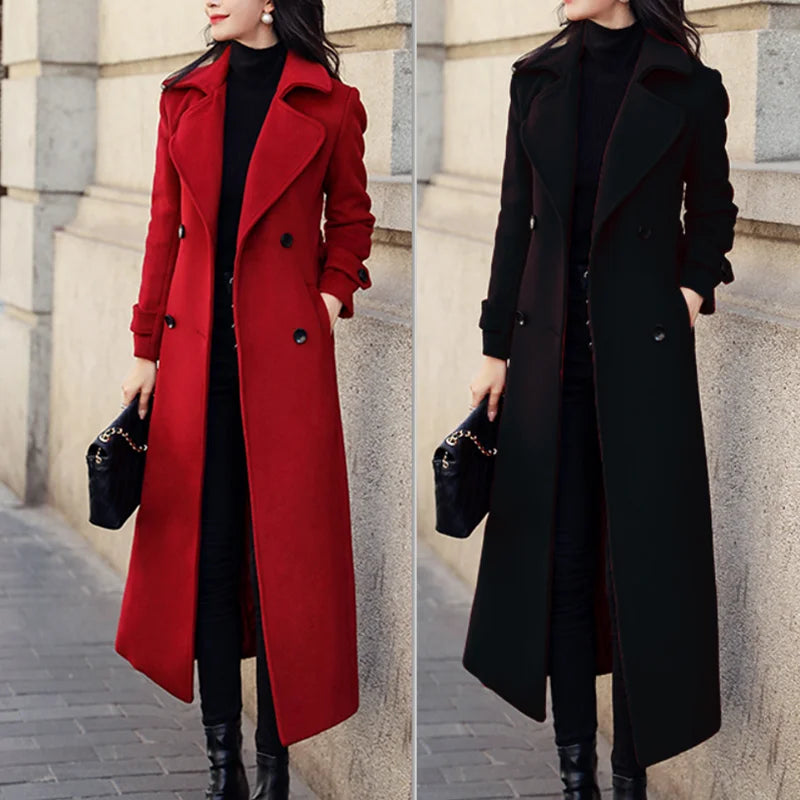 Winter Women's Coat Woolen Long Trench Outerwears Double-breasted Coats Belt Lapel Warm Streetwear Temperament Tops Jacket S-3XL