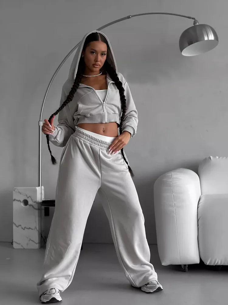 2025 New Women's Casual Long Sleeve Hooded Cropped Zip-Up Cardigan & Drawstring Sweatpants Two-Piece Active Lounge Set