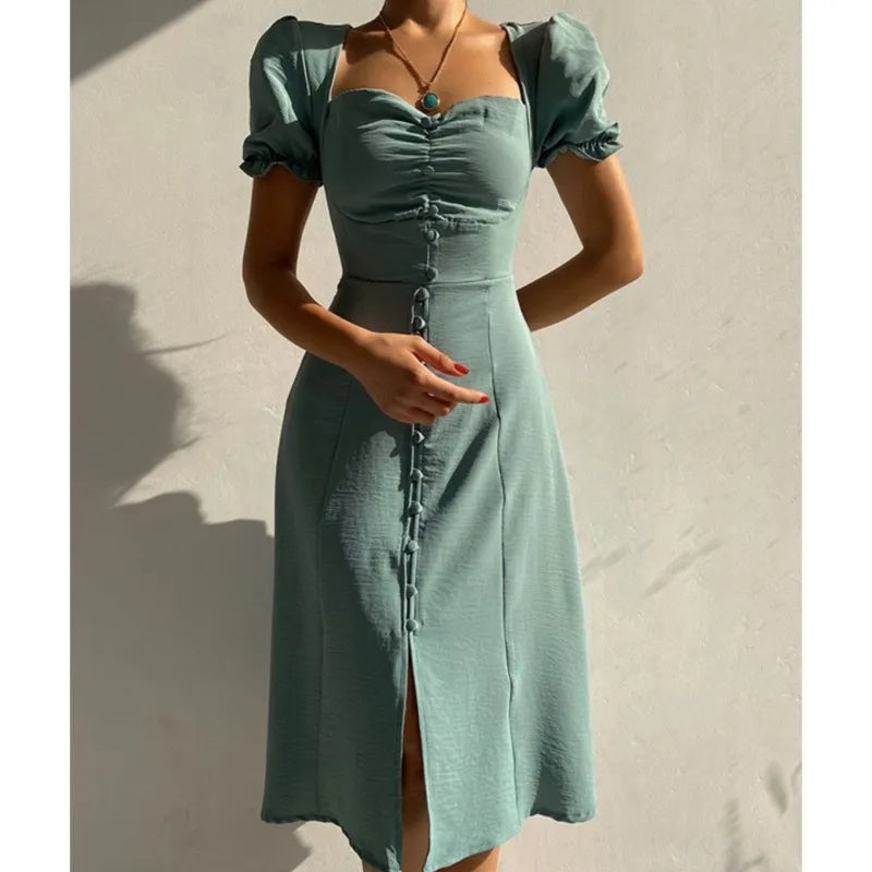 Dresses For Women 2025 Summer New V Neck Short Sleeve Single-breasted Midi Dress Elegant Holiday Casual Robes Sexy Slit Vestidos