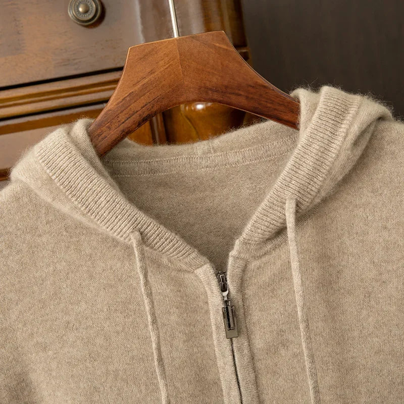 24 men's autumn and winter 100% pure wool cardigan hooded with pocket solid color thick sweater casual cashmere knitted jacket