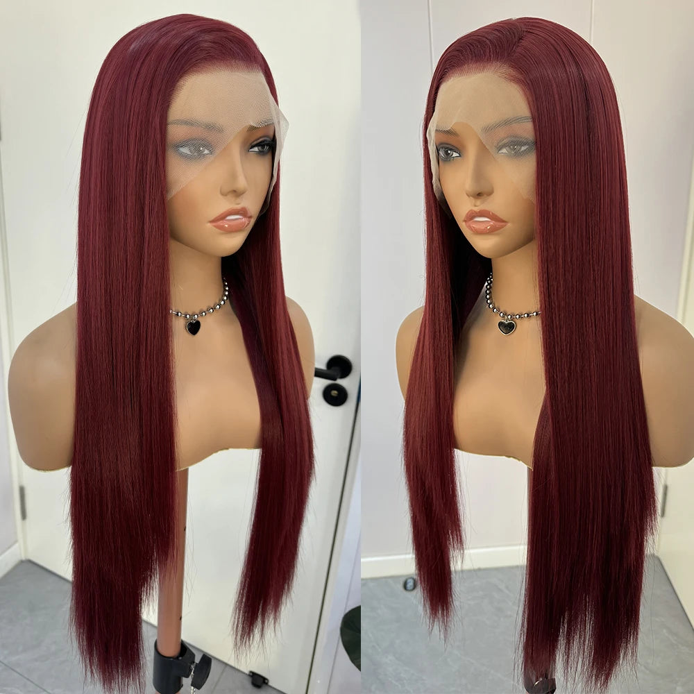 Burgundy Wigs Long Straight Synthetic Hair Wine Red Wig Straight Lace Wigs for Women Frontal Lace Wig Heat Resistant Daily Wear