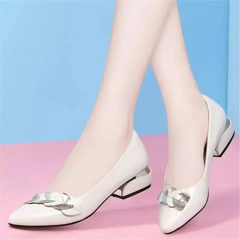 2024 Women Dress Shoes Patent Leather Mid Heel Pumps Fashion Shoes Pointed Toe Slip on Office Ladies Zapatos Black Women Shoes