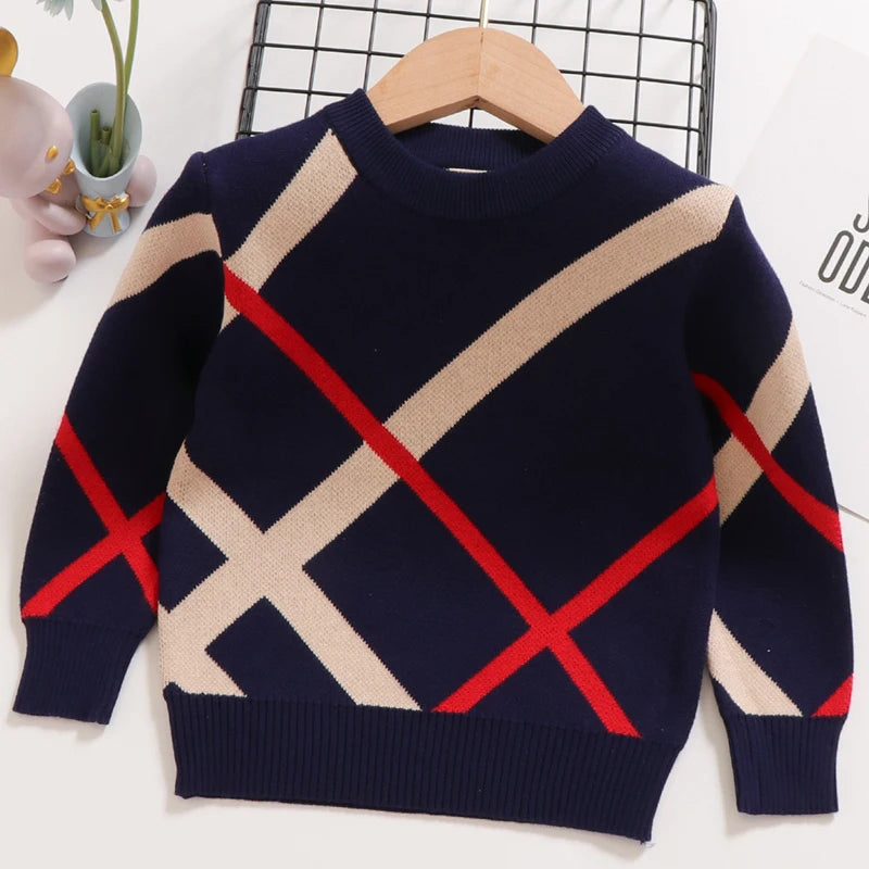 New Autumn Winter Children's Sweater Underlay T-Shirt Round Neck Double Layer Cotton Stripe Small and Medium Sweater