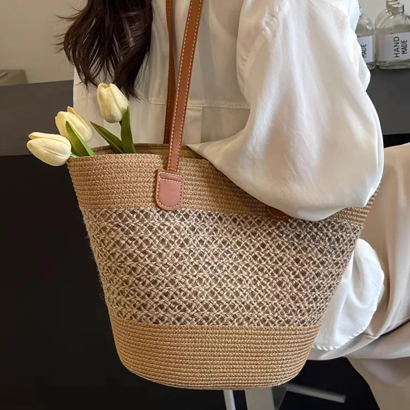 2025 New Beach Seaside Handbag Women's Summer Straw Bag Inswind Outdoor Travel Vacation Beach Bag Large Capacity Shoulder Bag