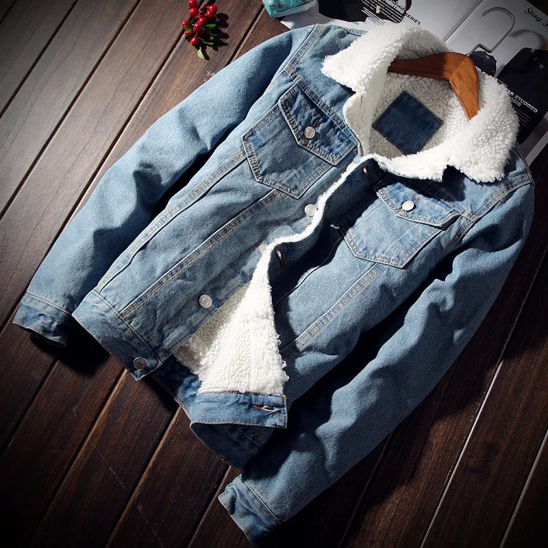 Winter New Men's Clothing Fashion Trend Fleece Denim Jackets Slim Fit Thick Collar Single Breasted Warm Casual Coats