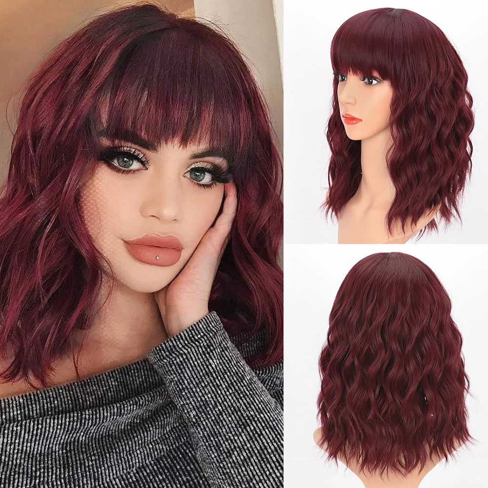 I's a wig Short Black Bob Wavy Wigs With Bangs for Women Synthetic Wig Heat Resistant Fiber Red Black Pink Hairs