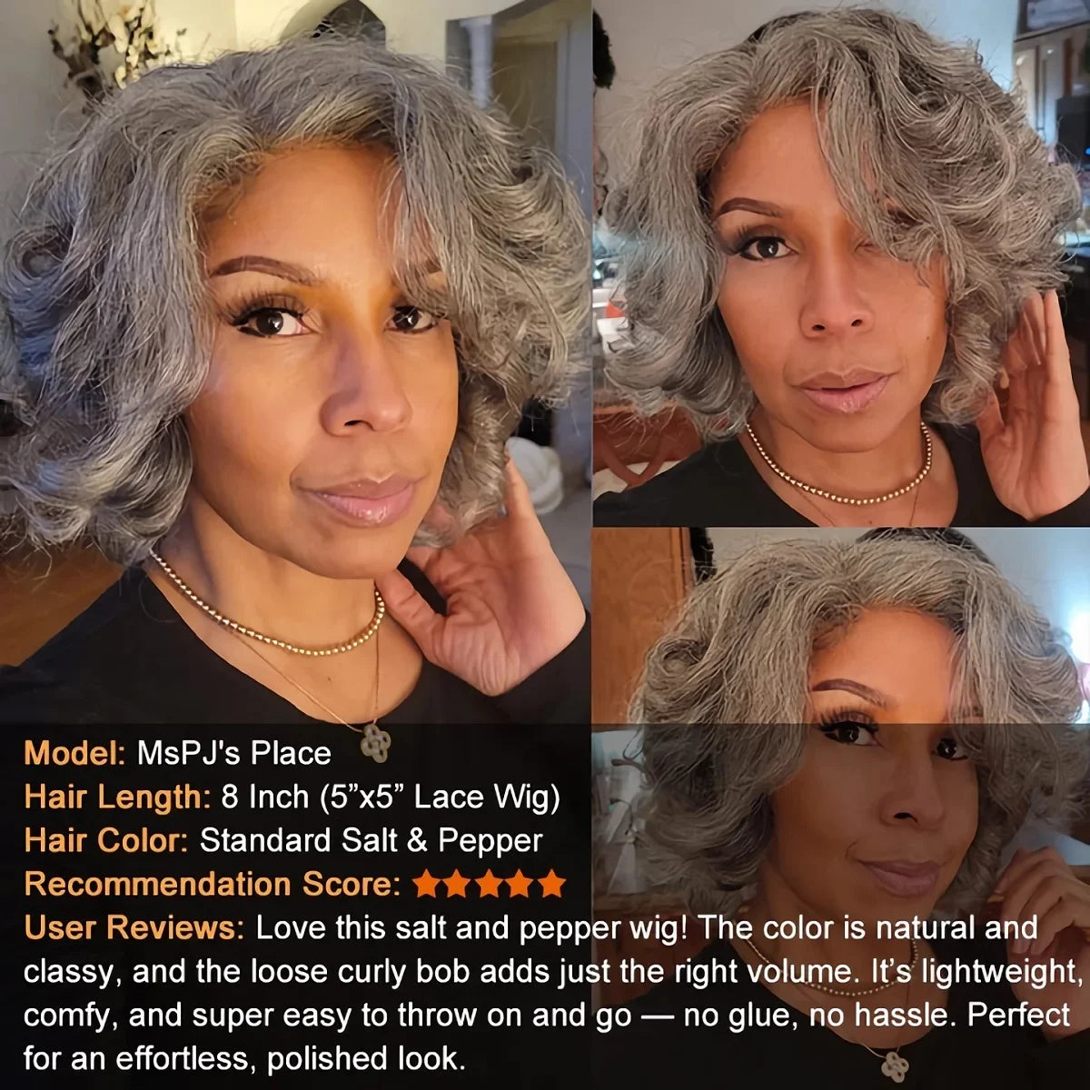 LULUCHIC Seniors Salt & Pepper Wig Loose Curly Short Bob Silver Gray Human Hair Minimalist Glueless Wigs Brazilian Vingin Hair