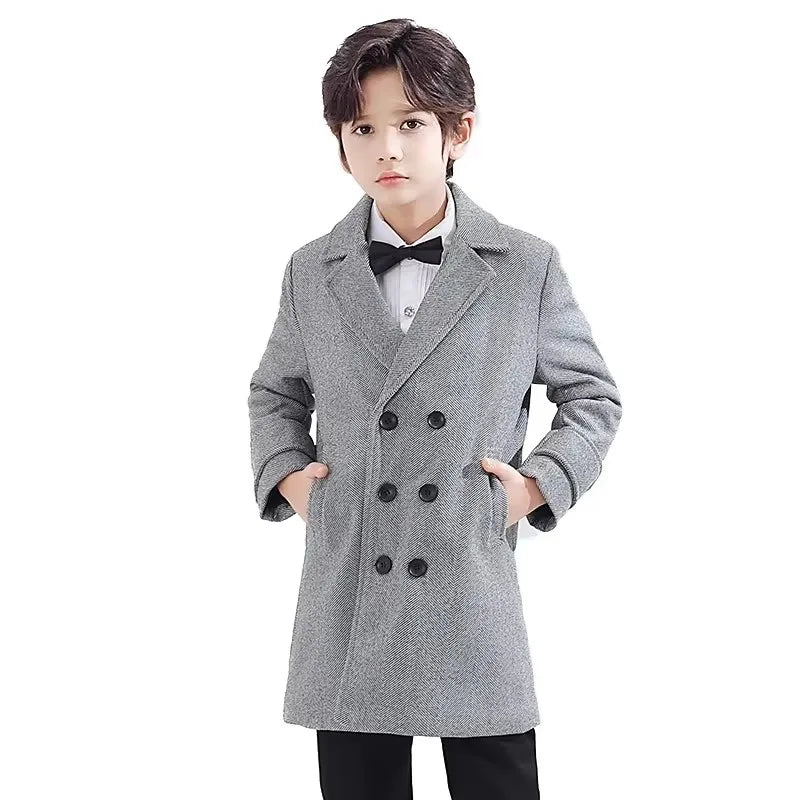 School Children Retro British Style Winter Thick Warm Wool Long Coat Boys Windproof Outdoor Jacket Kids Formal Birthday Party P