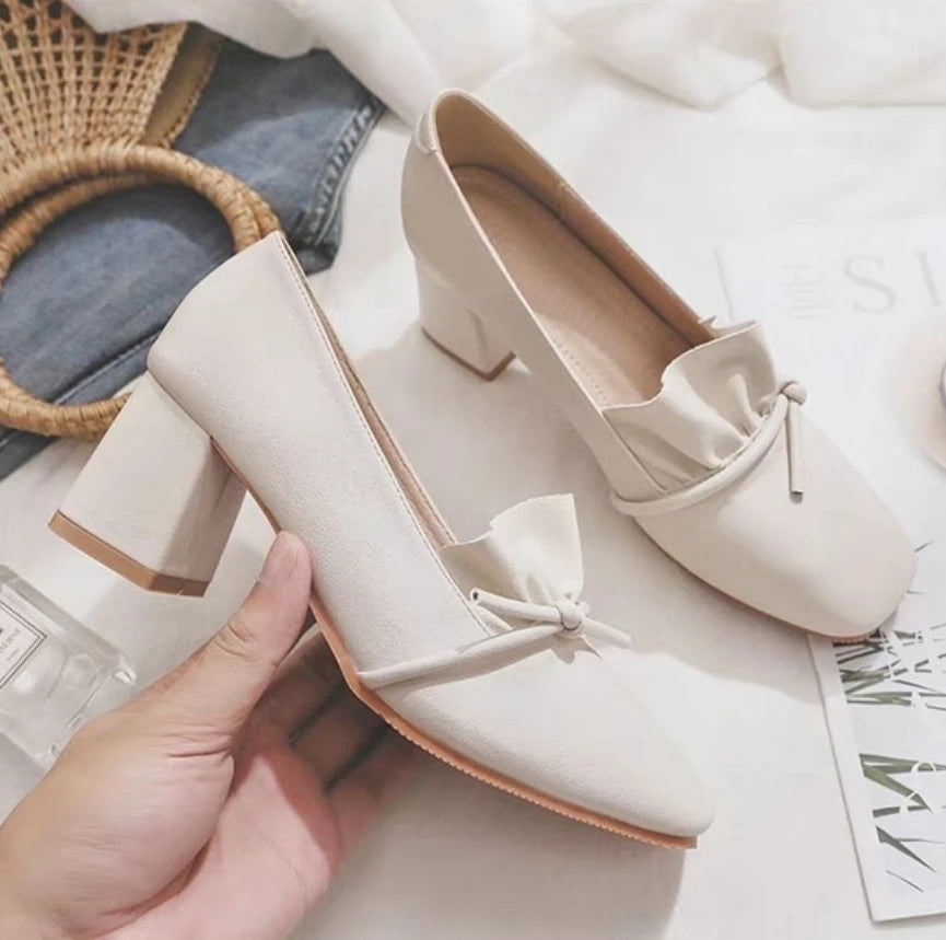 Women's Summer Footwear with Bow Shoes for Woman 2024 on Heeled High Heels Square Toe Pumps Casual 39 Comfortable and Elegant A