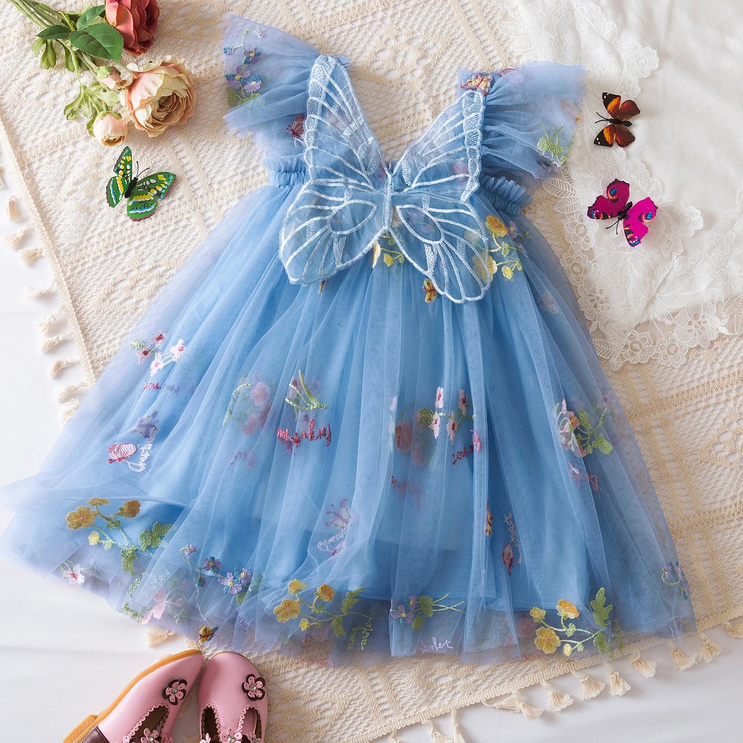 Baby Girls Dresses Princess Birthday Party Sweet Baby Girls Dresses Back Bow Wings Fairy Strap Embroidered Butterfly Mesh Dress