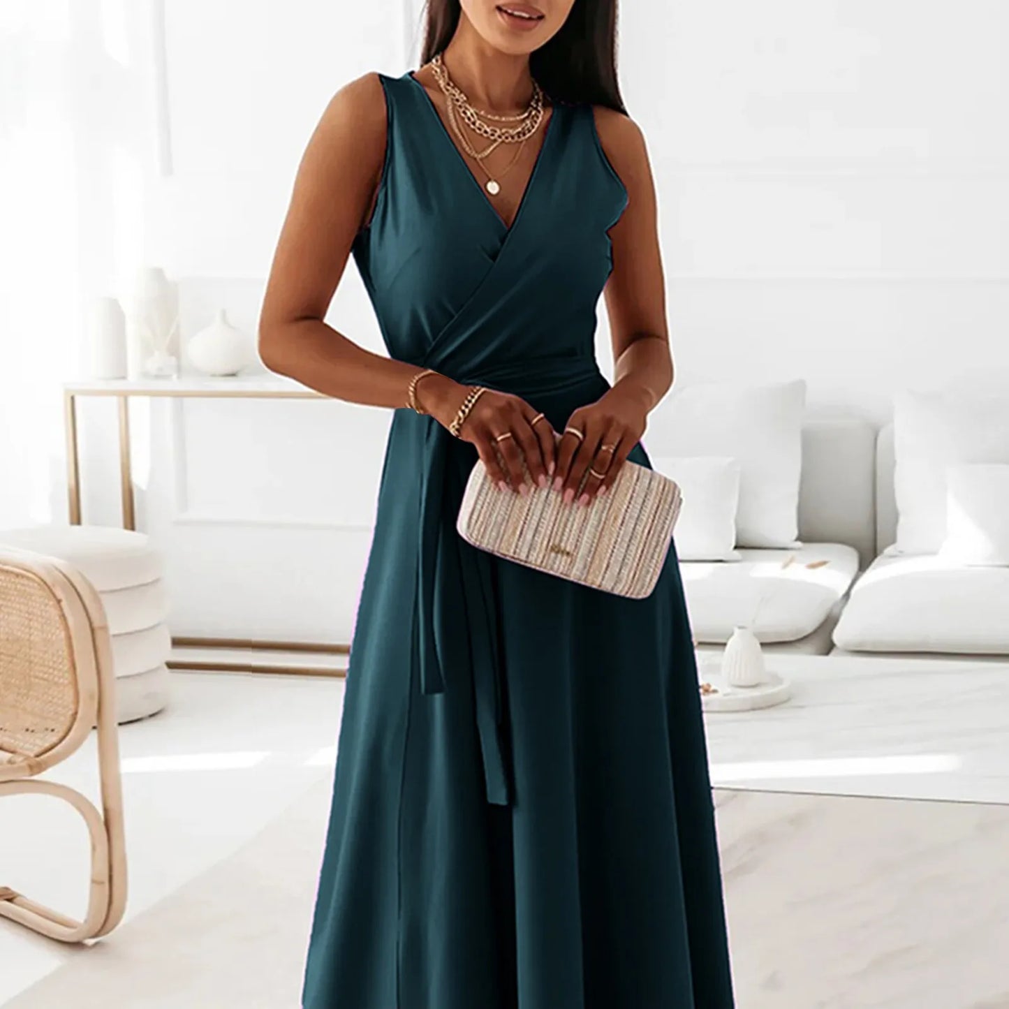 dresses for women elegant party dresses V-neck Sleeveless Belt Evening Dresses Solid Color Solid Color dress vestidos femenino