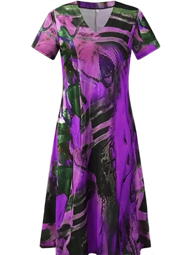Plus Size 2024 Summer New Women's V-neck Short Sleeve Irregular Pattern Printed Casual Loose Summer Best Choice