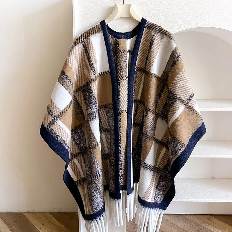 2024 Winter Women Faux Woolen Loose Tassel Shawl Capes Cashmere Wear Warm Thick Poncho Cardigan Lady Printed Plaid Blanket