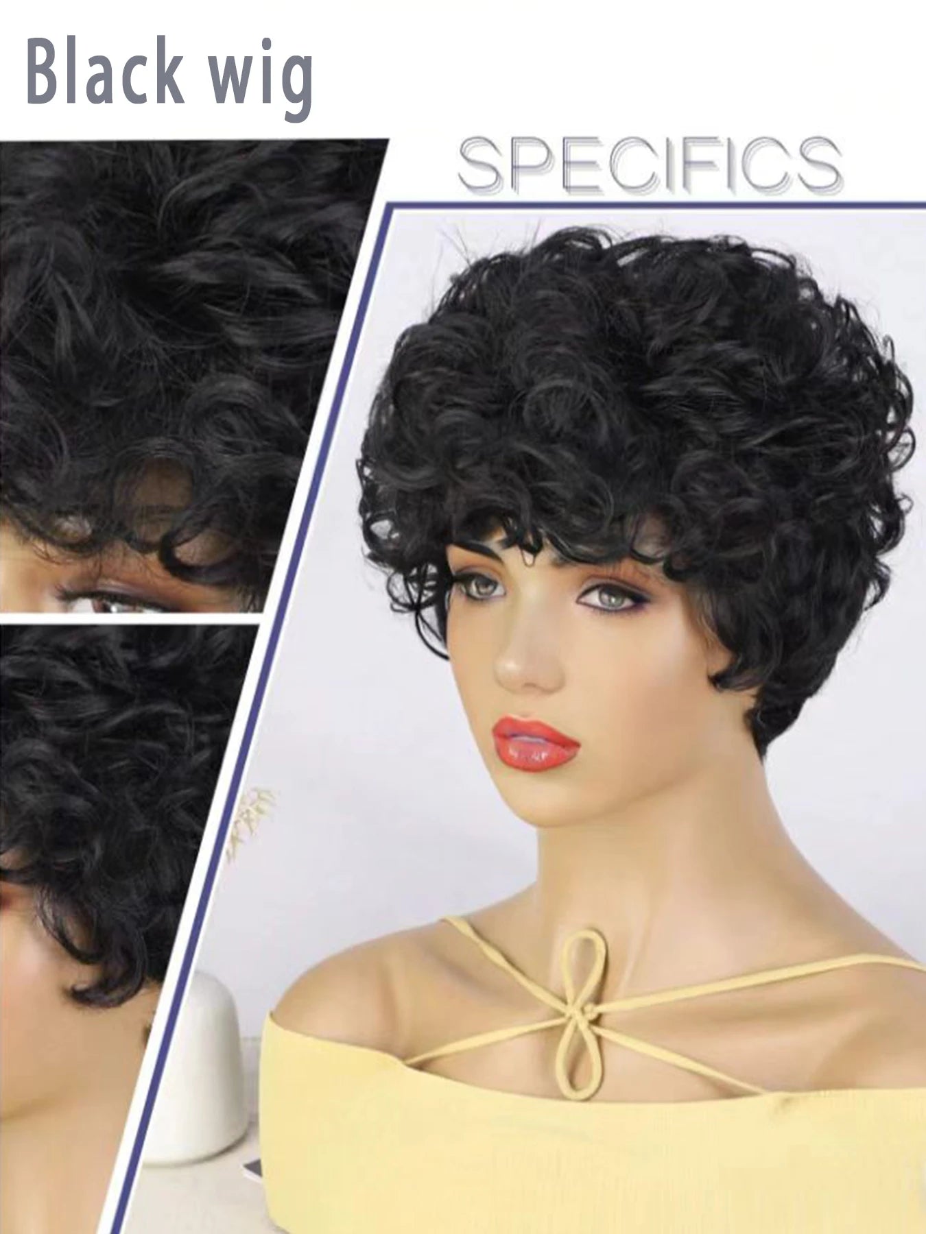 Cut Short Curly Wigs for Women, Synthetic Full Wigs with Bangs, Glueless Daily Wear And Go, Black Color, Heat Resistant, Beginne