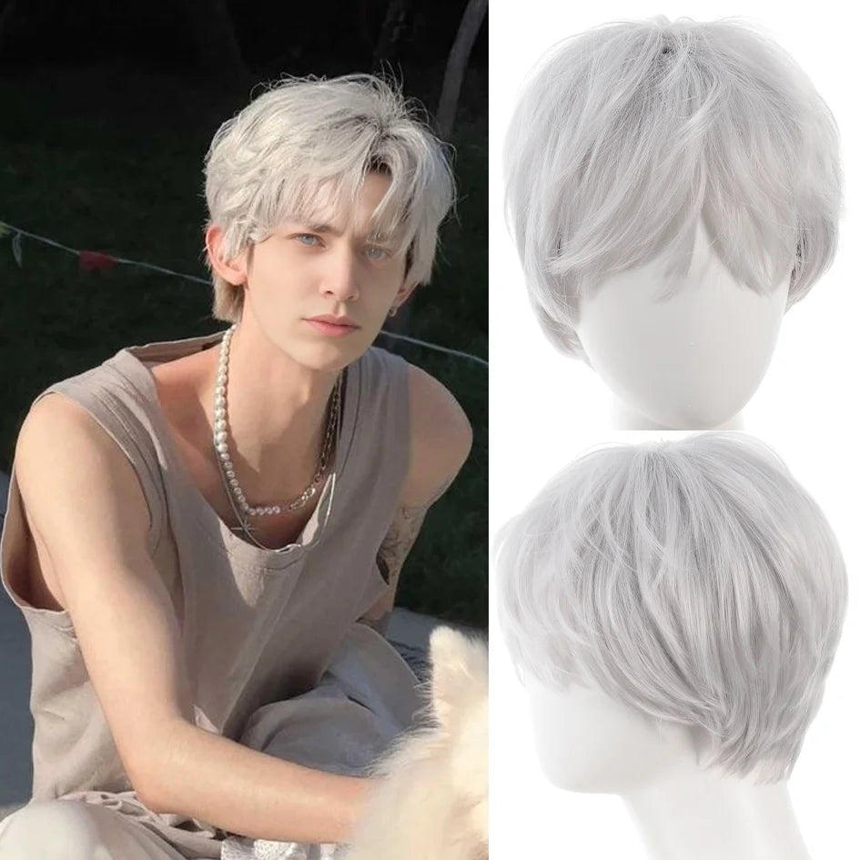 Synthetic wigs for men broken cap 10cm short straight hair slightly curly blonde color wig ponytail cosplay Christmas gifts