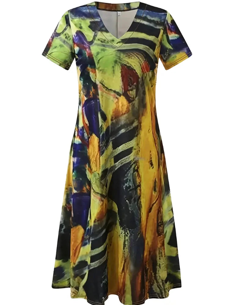 Plus Size 2024 Summer New Women's V-neck Short Sleeve Irregular Pattern Printed Casual Loose Summer Best Choice