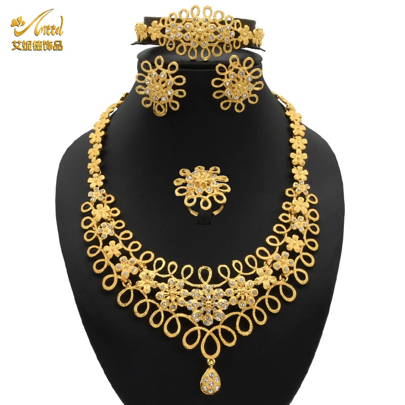 ANIID African Jewelery Sets Flower Earrings Choker Necklace Bracelet Hawaiian Indian Dubai Golden Jewelry For Women Accessories