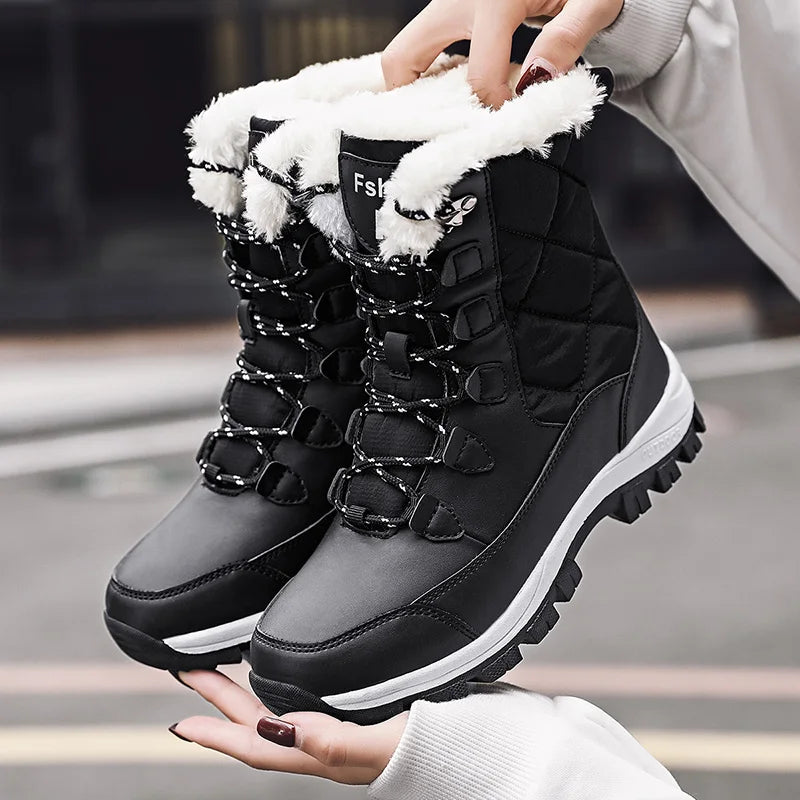Women's new winter snow boots, with a warm midsole and thick fleece, suitable for skiing cotton shoes in large sizes