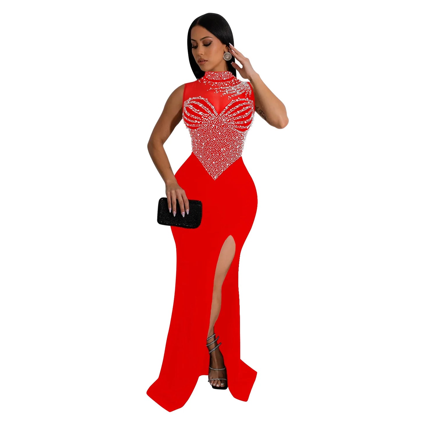 CM.YAYA Women Sleeveless Diamonds Hot Rhinestones High Side Split Mermaid Maxi Long Dress 2024 Even Sexy Party Dresses Vestidos