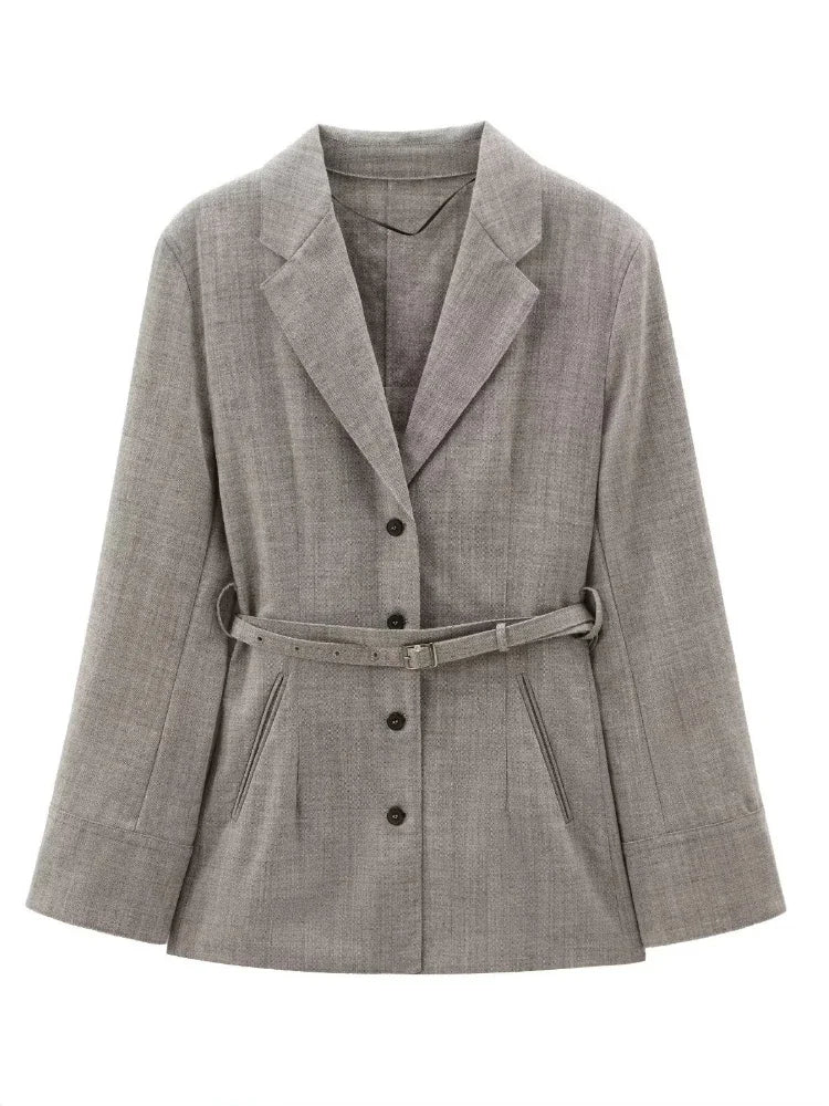 ZBZA Women Loose Blazer with Belt Lapel Long Sleeve Single Breasted Solid Sleeve Button Casual Commuter Jacket Fall Winter Coat