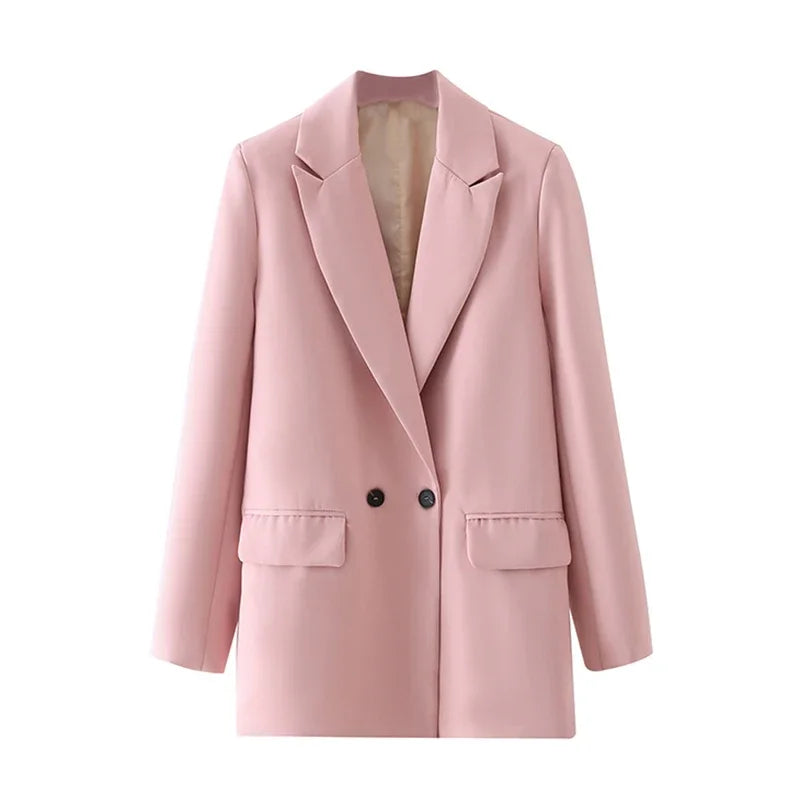 Women Black Blazer 2025 Fashion Office Wear Double Breasted Blazer Coat Vintage Long Sleeve Pockets Female Outerwear Chic Tops