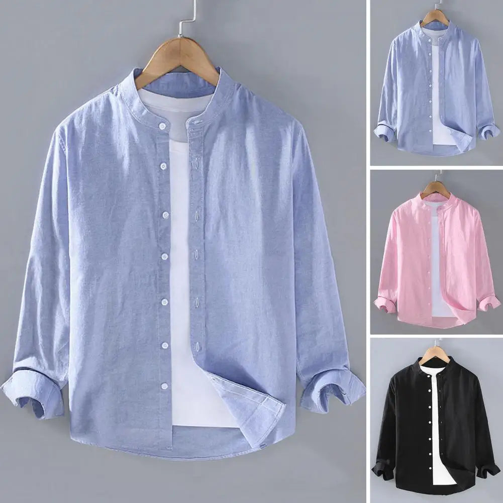 Men Shirt Men's Stand Collar Cardigan Shirt Solid Color Single-breasted Long Sleeves Soft Casual Coat for Fall Plus Size Mid