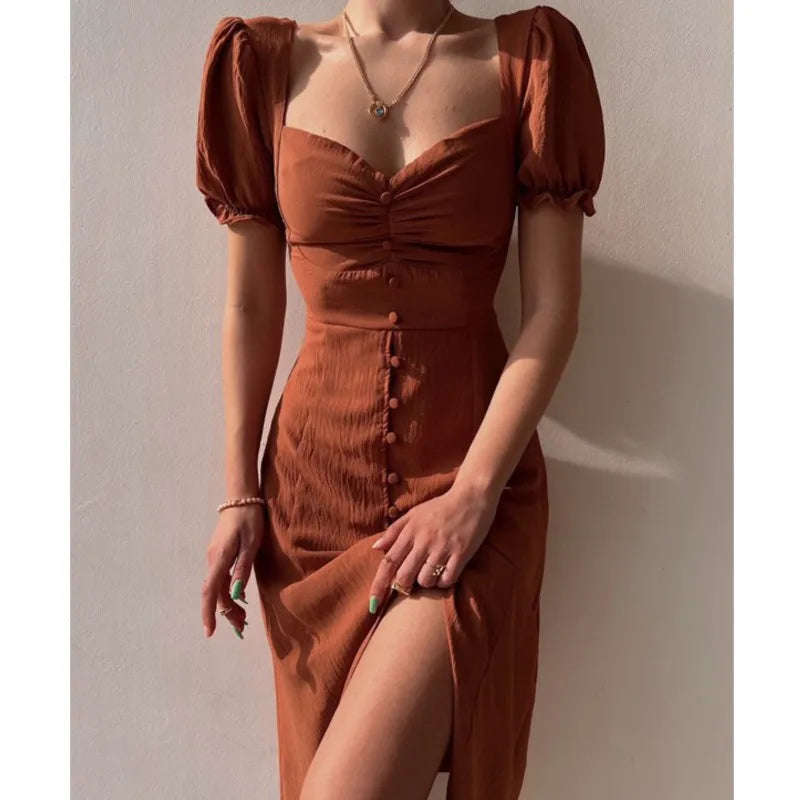 Dresses For Women 2025 Summer New V Neck Short Sleeve Single-breasted Midi Dress Elegant Holiday Casual Robes Sexy Slit Vestidos