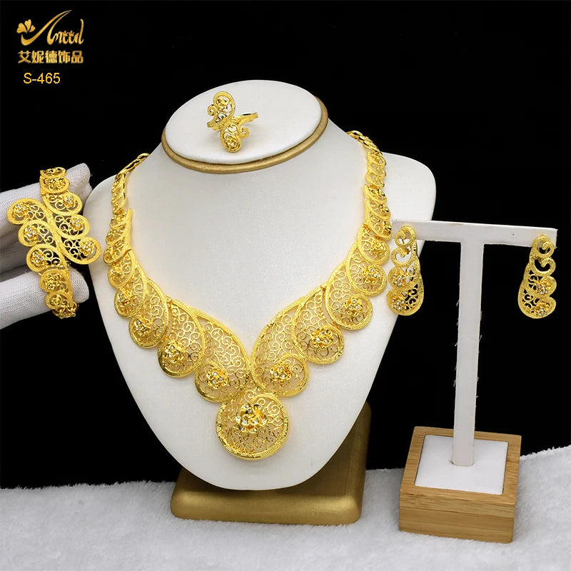 ANIID African Jewelery Sets Flower Earrings Choker Necklace Bracelet Hawaiian Indian Dubai Golden Jewelry For Women Accessories