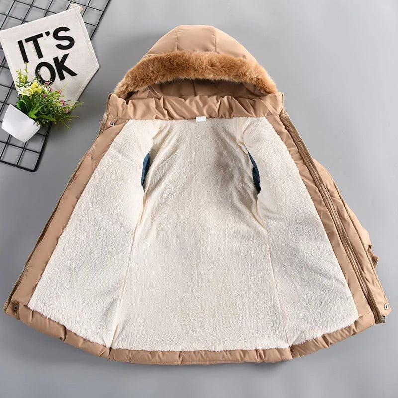 Winter Girls' New Nail Bead and Plush Thickened Waist Hair Collar Hooded Fashionable Windproof and Warm Cotton Jacket