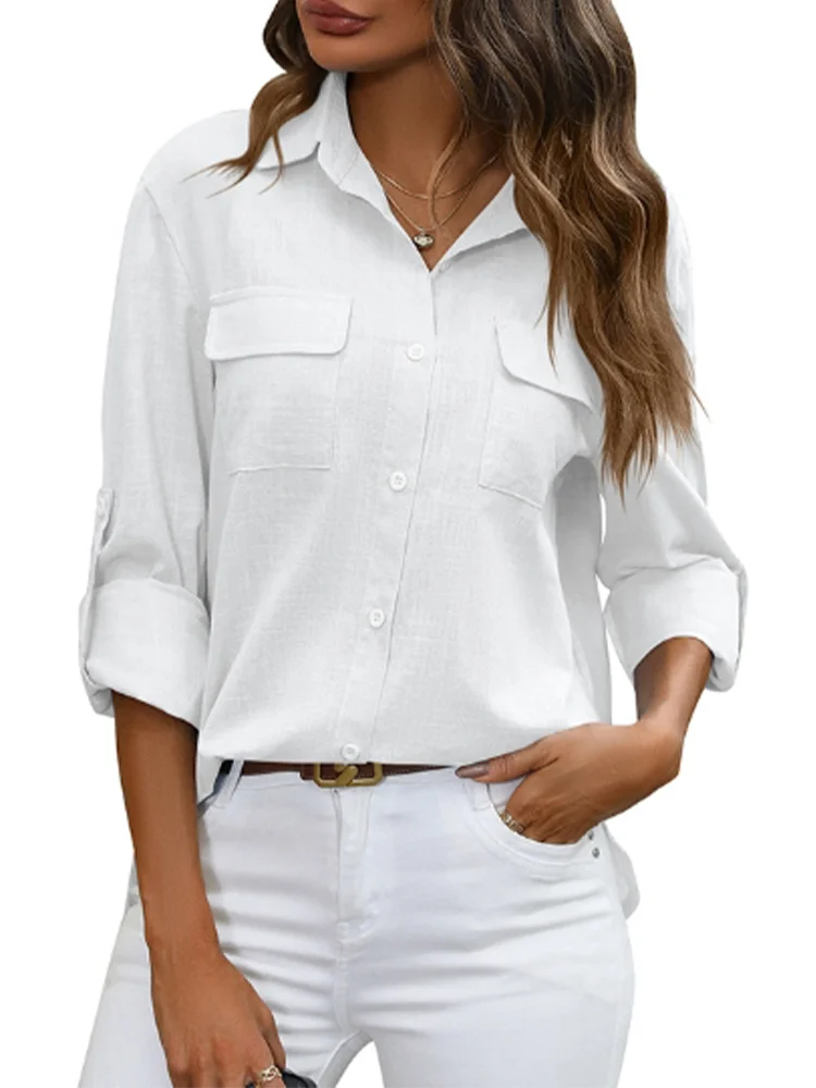 Lapel Solid Color Long Sleeved Pocket Button Women's T-shirt Daily Office Casual Elegant Spring Top