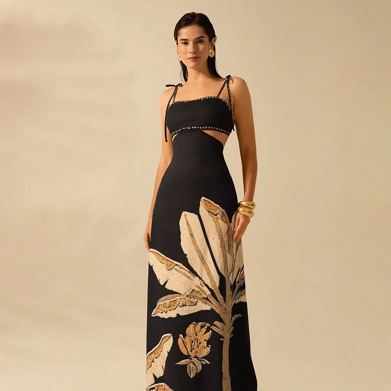 Chic Printed Backless Halter Dress Lace Up Slimming Maxi Dresses High Waist Party Robes 2025 New Lady Vacation Party Clothing
