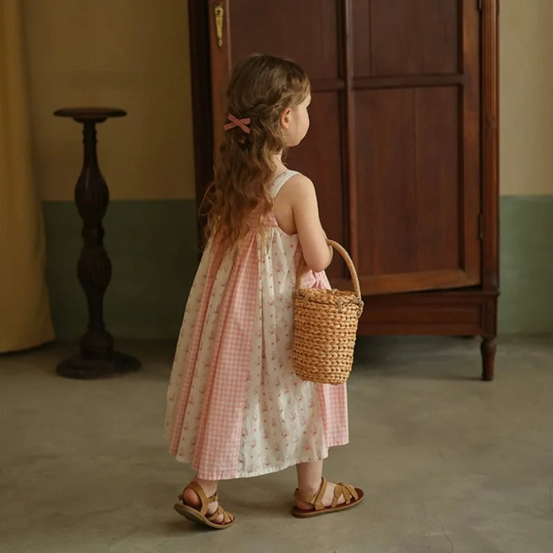 Summer New Girls' Dresses Children's Cotton Plaid Sling Dress Baby Kids Clothing Cute Casual Dress