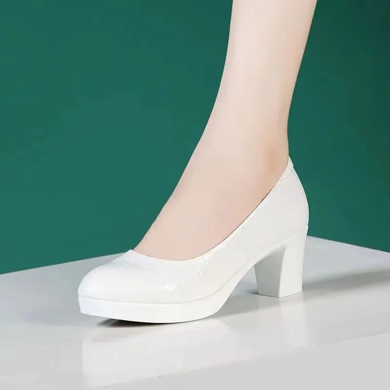 sapatos femininas women fashion round toe black plaid pattern slip on chick high heel shoes lady casual white work pumps a411