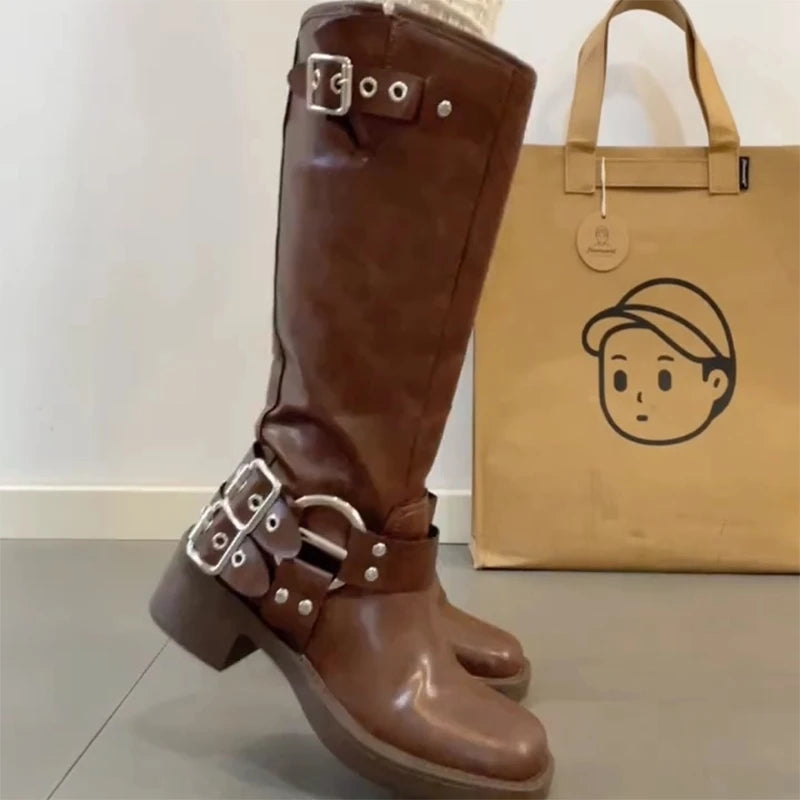 Winter Women Knee High Boots Fashion Belt buckle Long Boots Female Elegant Thick Heel Women's Knight Botties
