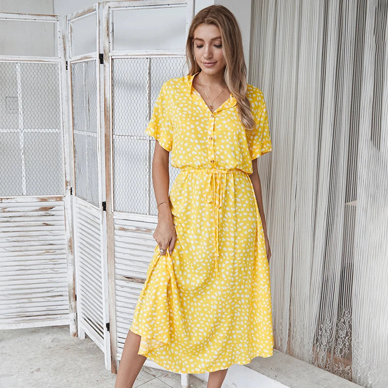 Vintage Floral Print Dress Women Boho Short Sleeve Long Dress Turn Down Collar Casual Waistband Shirt Dresses Robe 2021 Summer