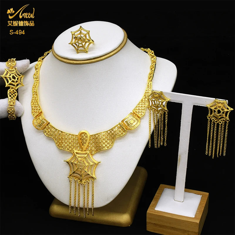 ANIID African Jewelery Sets Flower Earrings Choker Necklace Bracelet Hawaiian Indian Dubai Golden Jewelry For Women Accessories