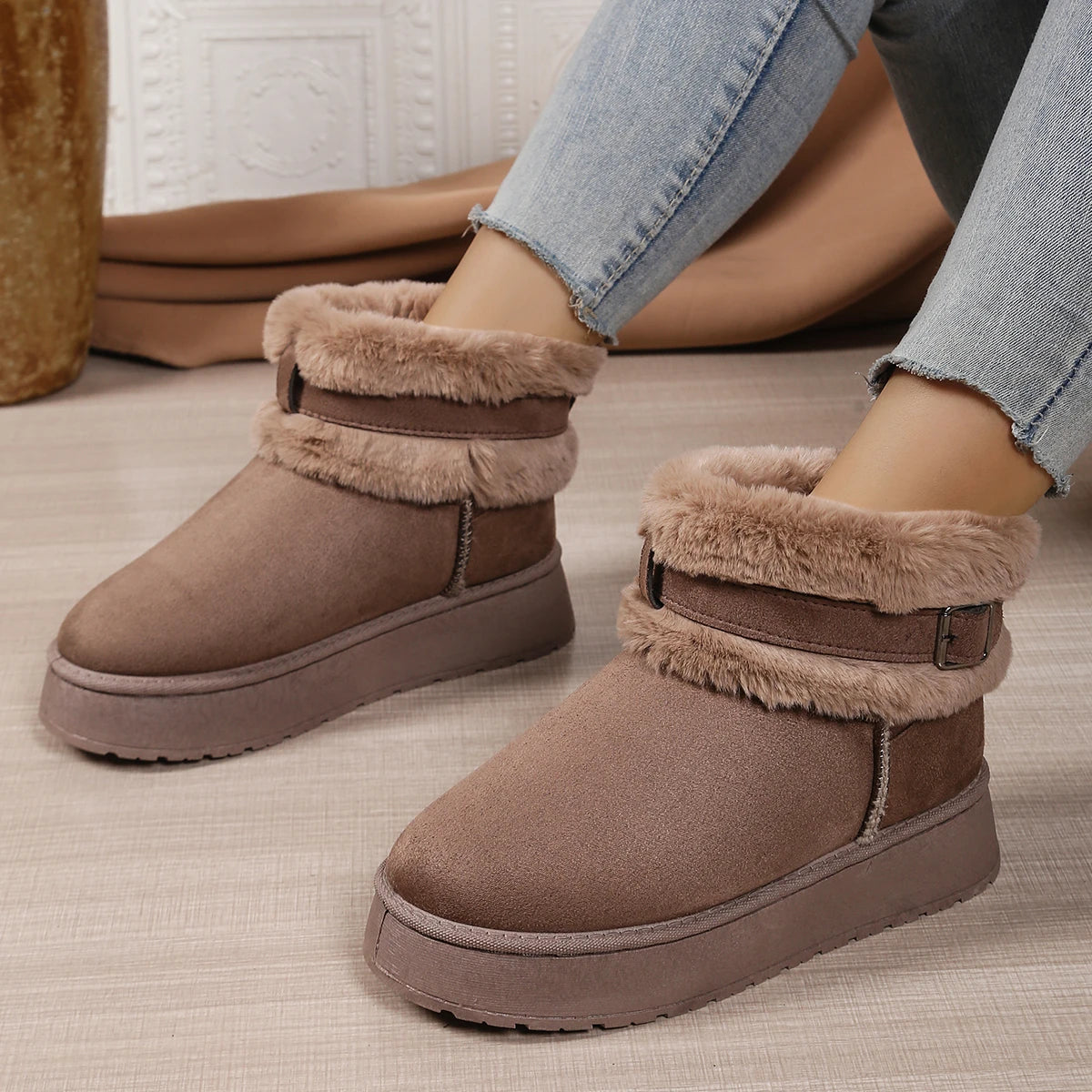 Women's Single Boots Winter New Thick Soled Frosted Plush Zipper Mid-calf Boots Casual Comfort Warm Non-slip Snow Boots