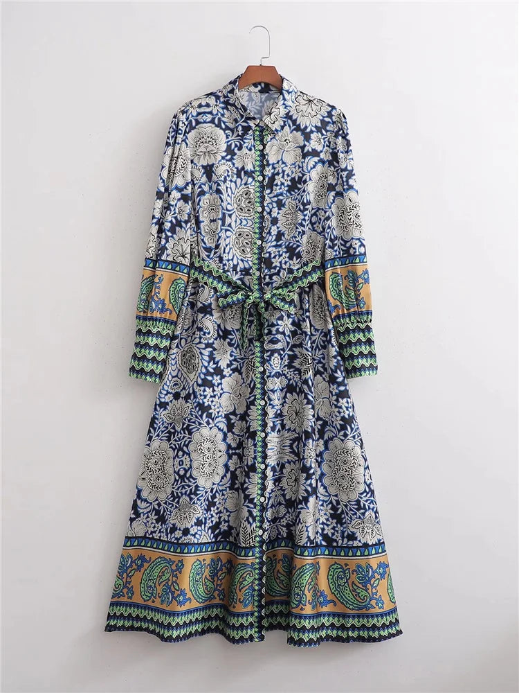 Woman Casual Blue Long Print Shirt Dresses 2025 Spring Female High Waisted Sashes Dress Ladies Long Sleeve Button Dresses