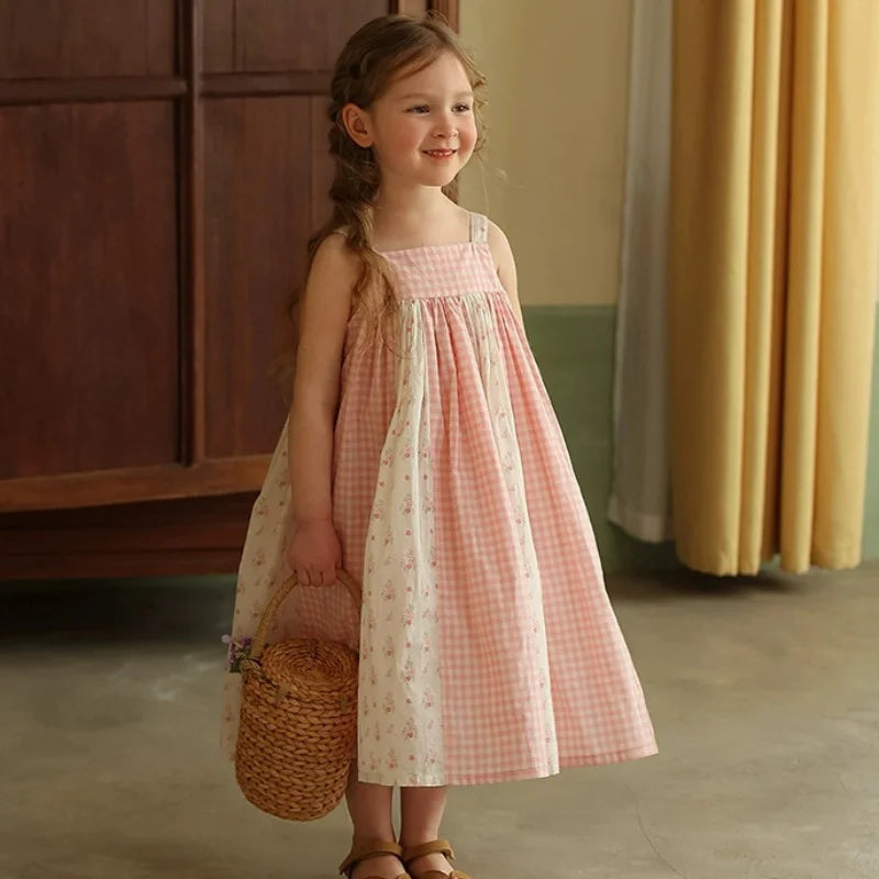 Summer New Girls' Dresses Children's Cotton Plaid Sling Dress Baby Kids Clothing Cute Casual Dress