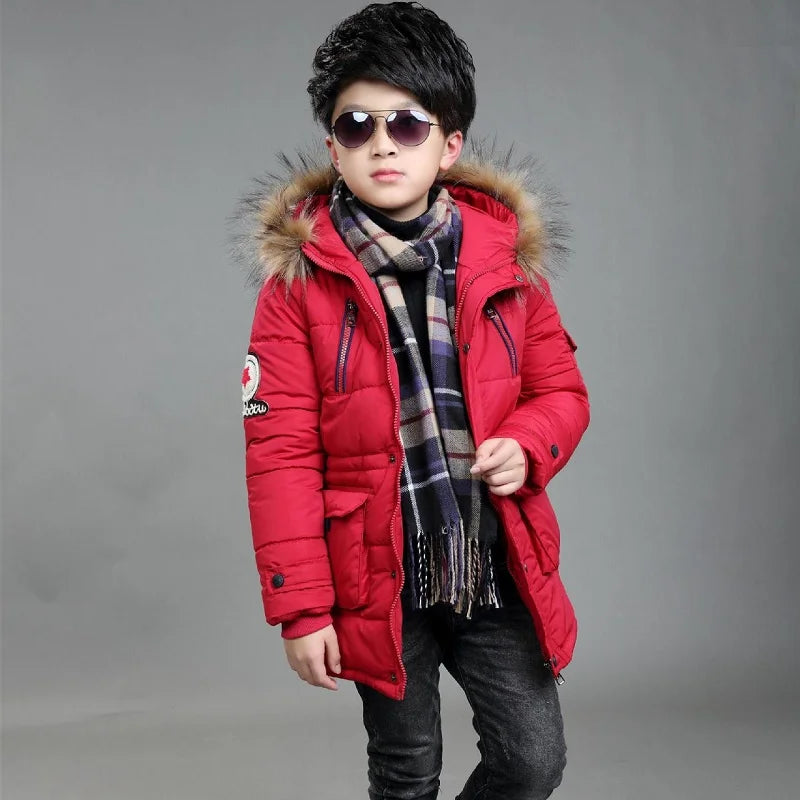 Children's down jacket new winter boys' and girls' Plush warm medium length jacket hooded large wool collar cotton padded jacket