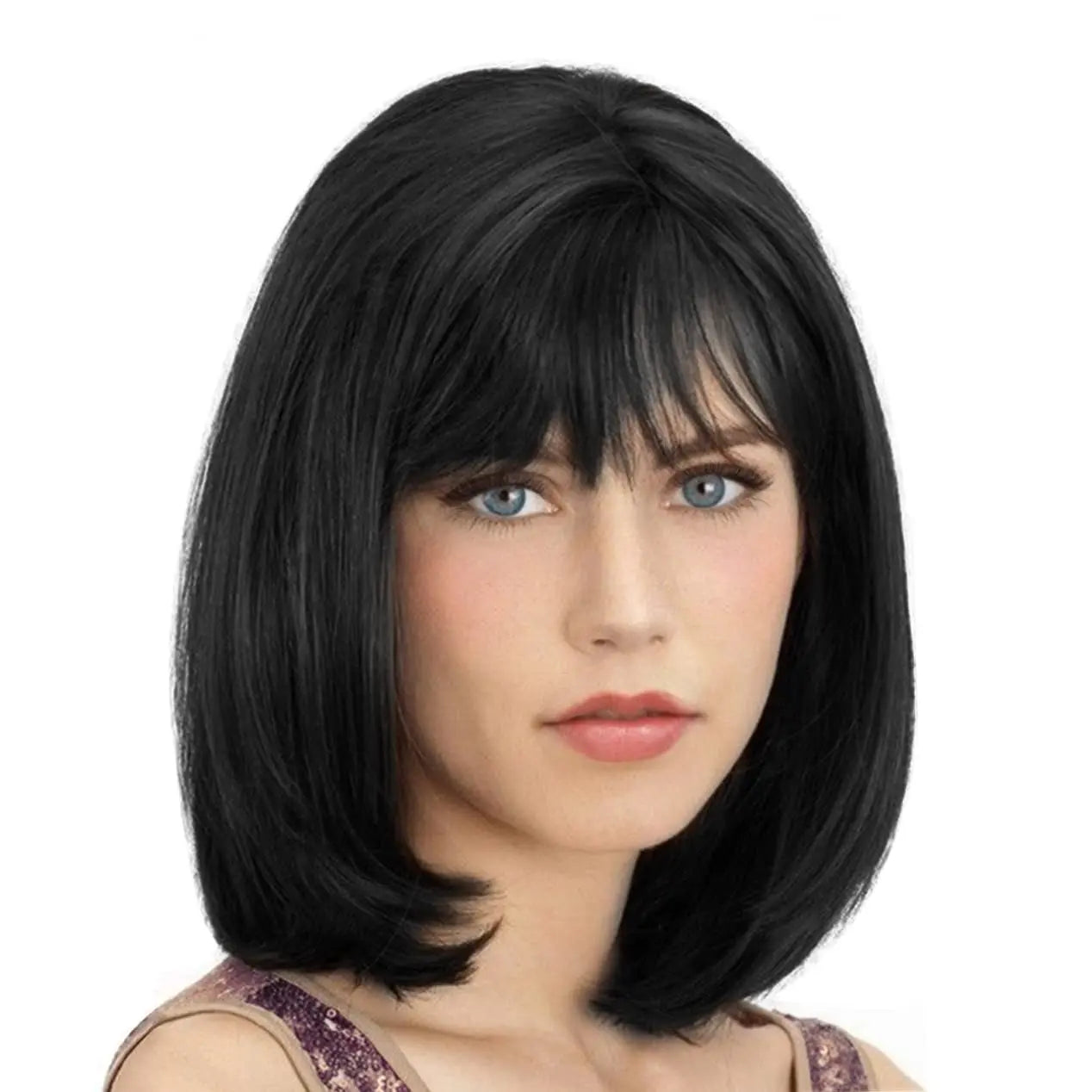 Wig with Bangs Darkest Brown Short Straight Wigs for Women Shoulder Length Heat Resistant Synthetic Natural Color Wigs