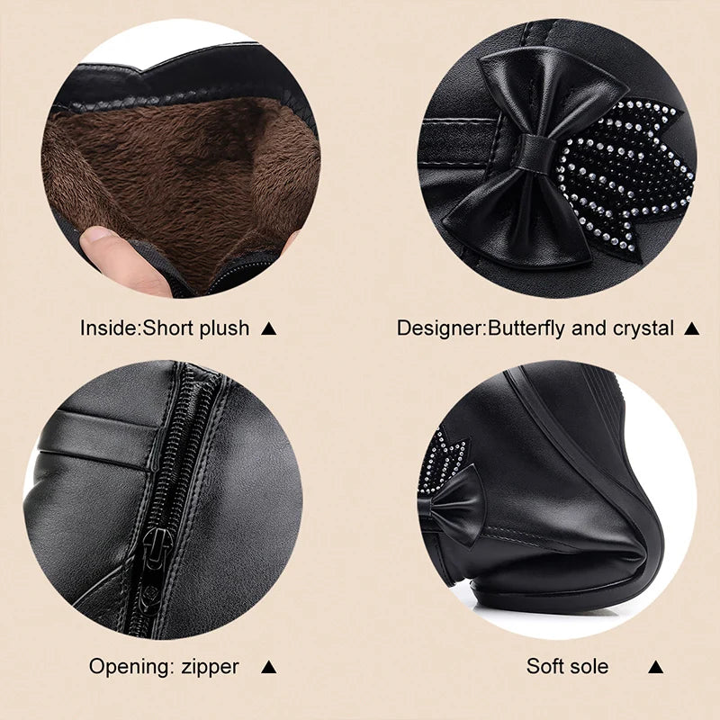 Fashion Winter Women Ankle Boots PU Leather Female Thick Plush Warm Snow Boots Mother Waterproof Non-slip Booties Luxury