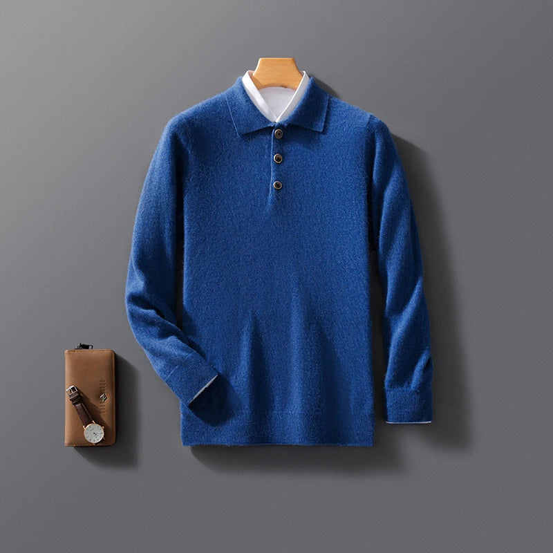 Autumn And Winter New 100 Pure Wool Sweater Men's POLO Collar Button Loose Pullover Sweater Cashmere Knitted Bottoming Shirt