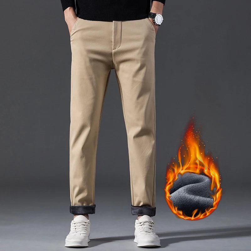 Winter Mens Clothing Warm Casual Pants 98% Cotton Fleece Straight Business Thicken Men Pants Stretch Classic Velvet Trousers