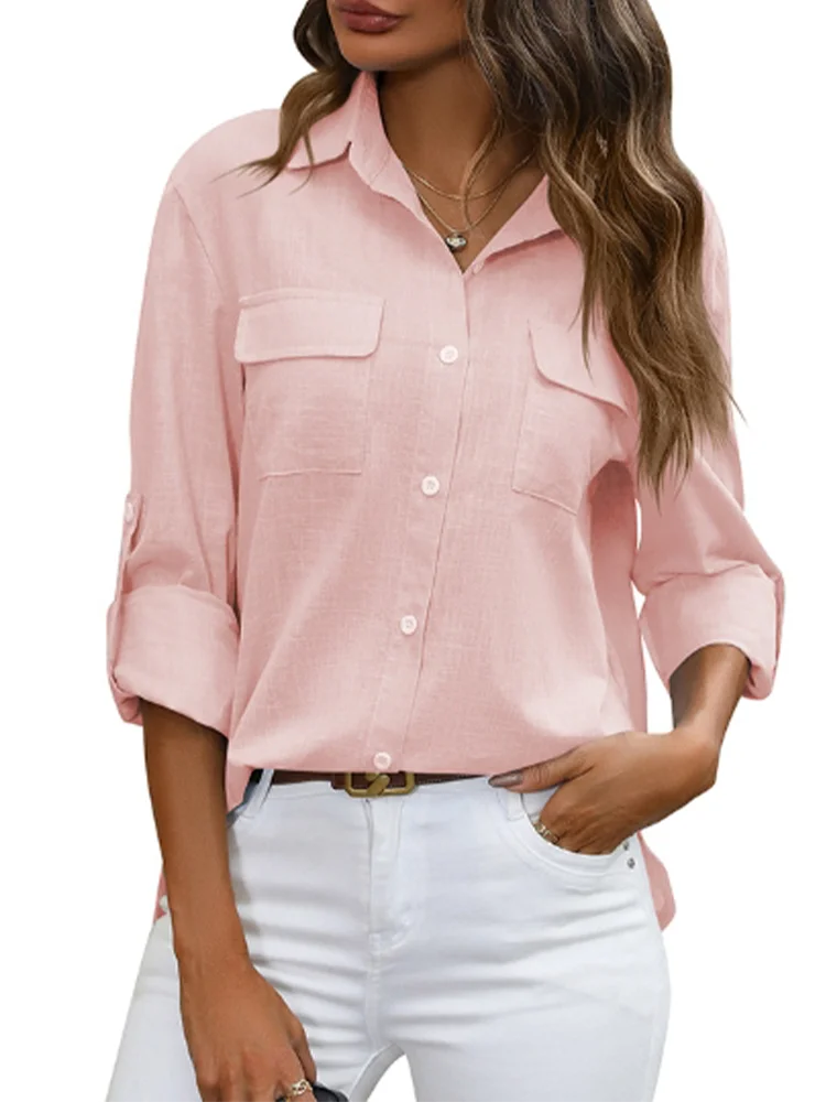 Lapel Solid Color Long Sleeved Pocket Button Women's T-shirt Daily Office Casual Elegant Spring Top