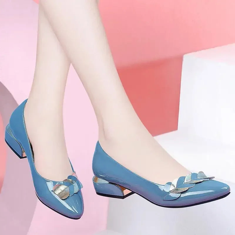 2024 Women Dress Shoes Patent Leather Mid Heel Pumps Fashion Shoes Pointed Toe Slip on Office Ladies Zapatos Black Women Shoes